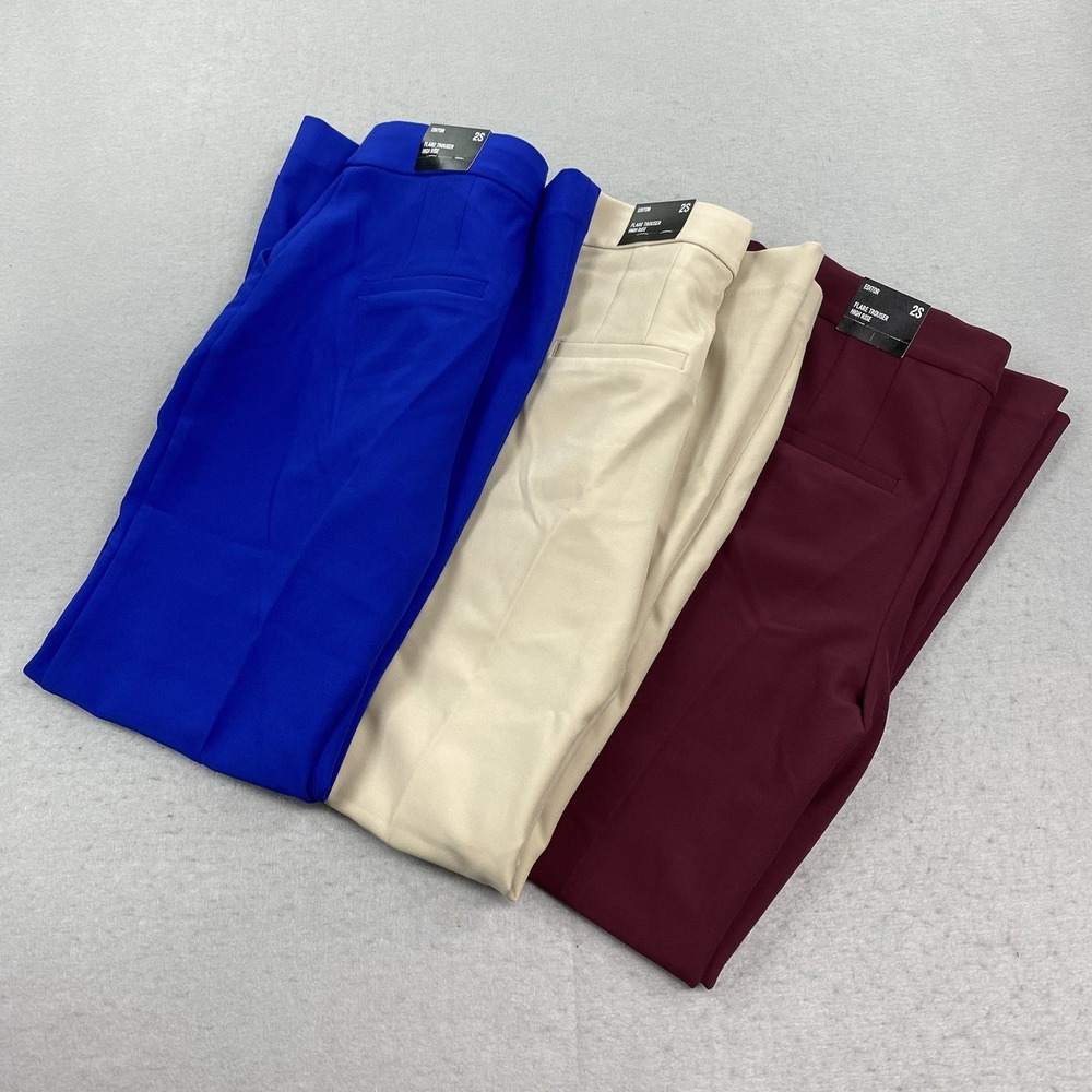 Express Editor Pants Womens 2S Red Blue Beige Flared Trouser High Rise Lot Of 3